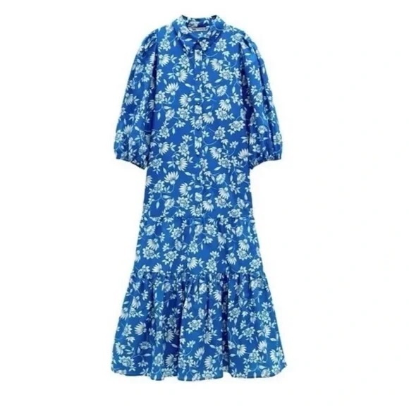 Zara Blue Floral Drop Waist Midi Shirt Dress Summer Dress - Size Medium - Picture 4 of 9